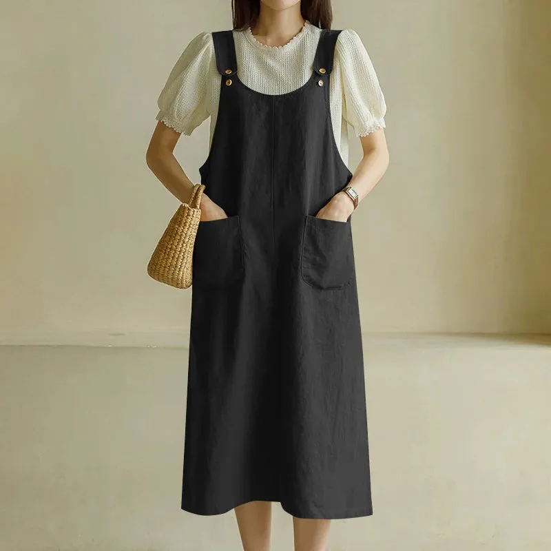 Tank Long Sleeveless Pockets Robe Suspender Dress