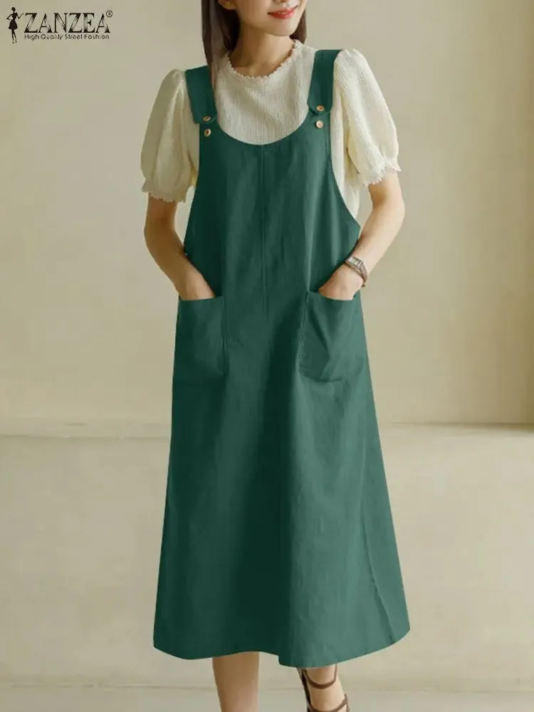 Tank Long Sleeveless Pockets Robe Suspender Dress