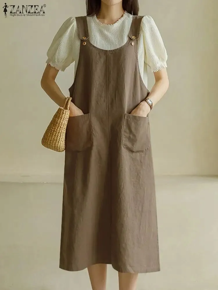 Tank Long Sleeveless Pockets Robe Suspender Dress