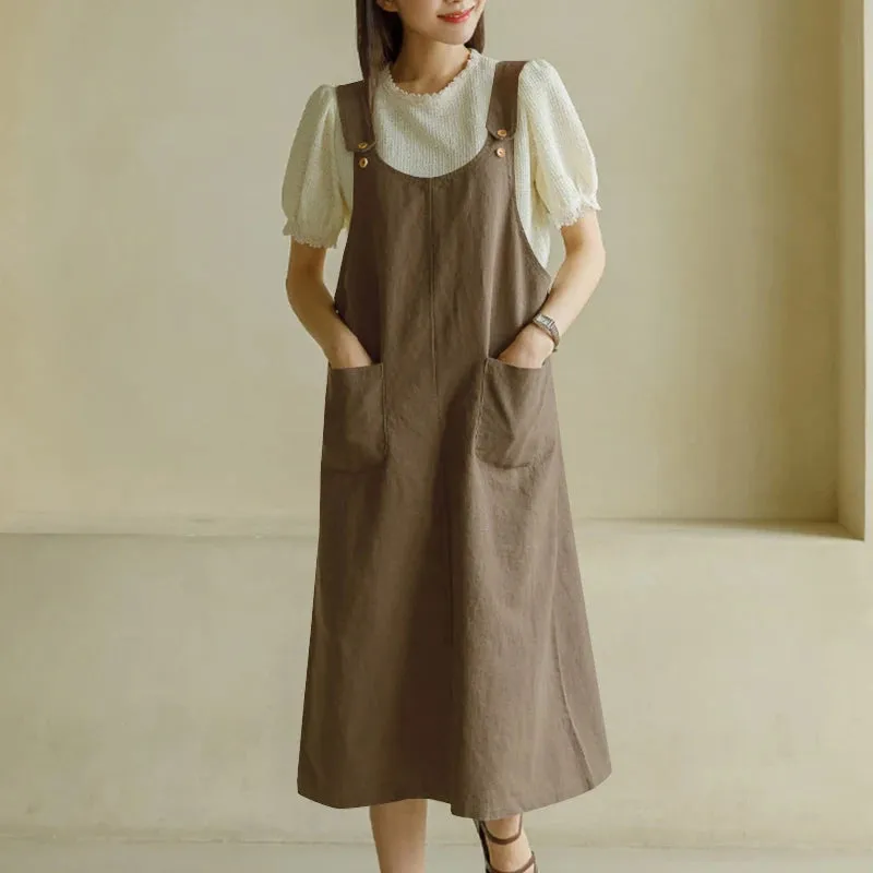 Tank Long Sleeveless Pockets Robe Suspender Dress