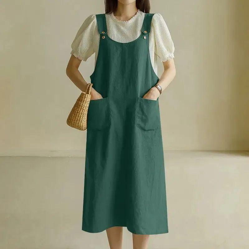 Tank Long Sleeveless Pockets Robe Suspender Dress