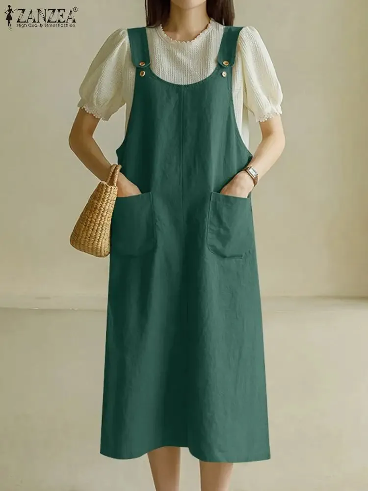 Tank Long Sleeveless Pockets Robe Suspender Dress