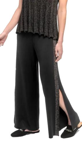 Tracey Wide Leg Milano-knit Pants with Shimmery Side Stripe and a Slit; Black/Black Shimmer