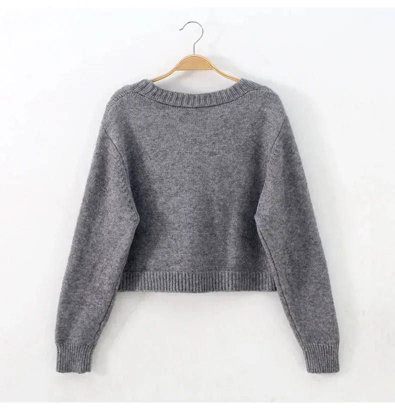 V Neck Cropped Long Sleeve Twist Knitted Sweater