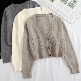 V Neck Cropped Long Sleeve Twist Knitted Sweater