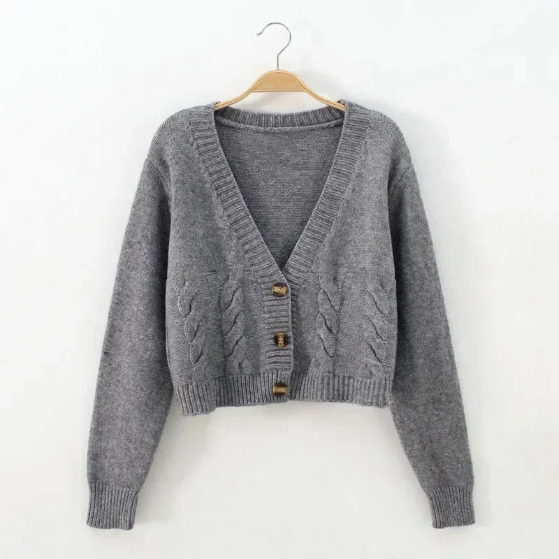 V Neck Cropped Long Sleeve Twist Knitted Sweater