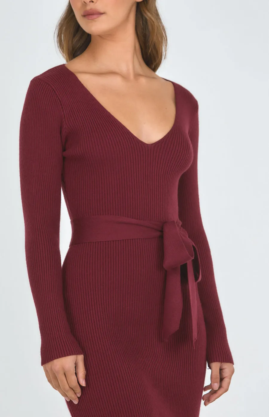 V-Neck Fitted Knit Dress With Side Split