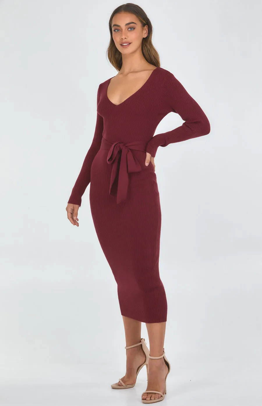 V-Neck Fitted Knit Dress With Side Split