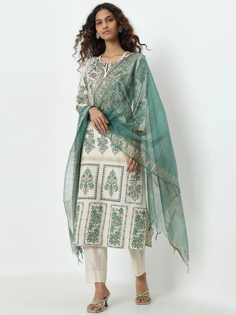 Vark Green Embroidered Straight Kurta, Pants and Dupatta Set