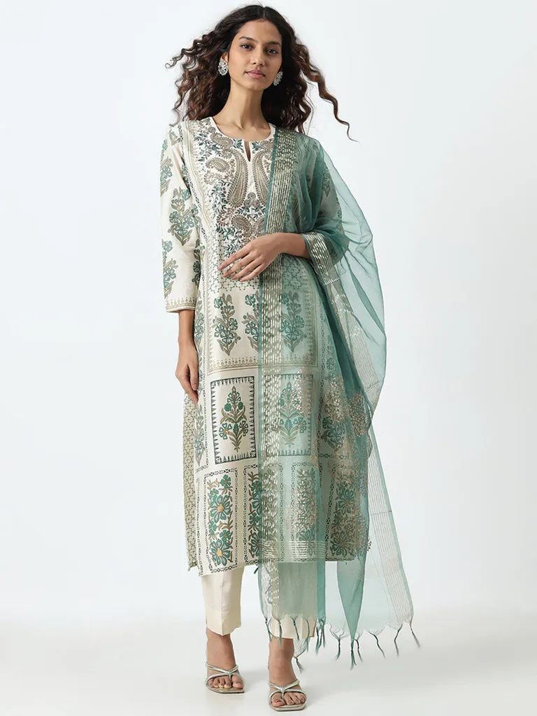 Vark Green Embroidered Straight Kurta, Pants and Dupatta Set