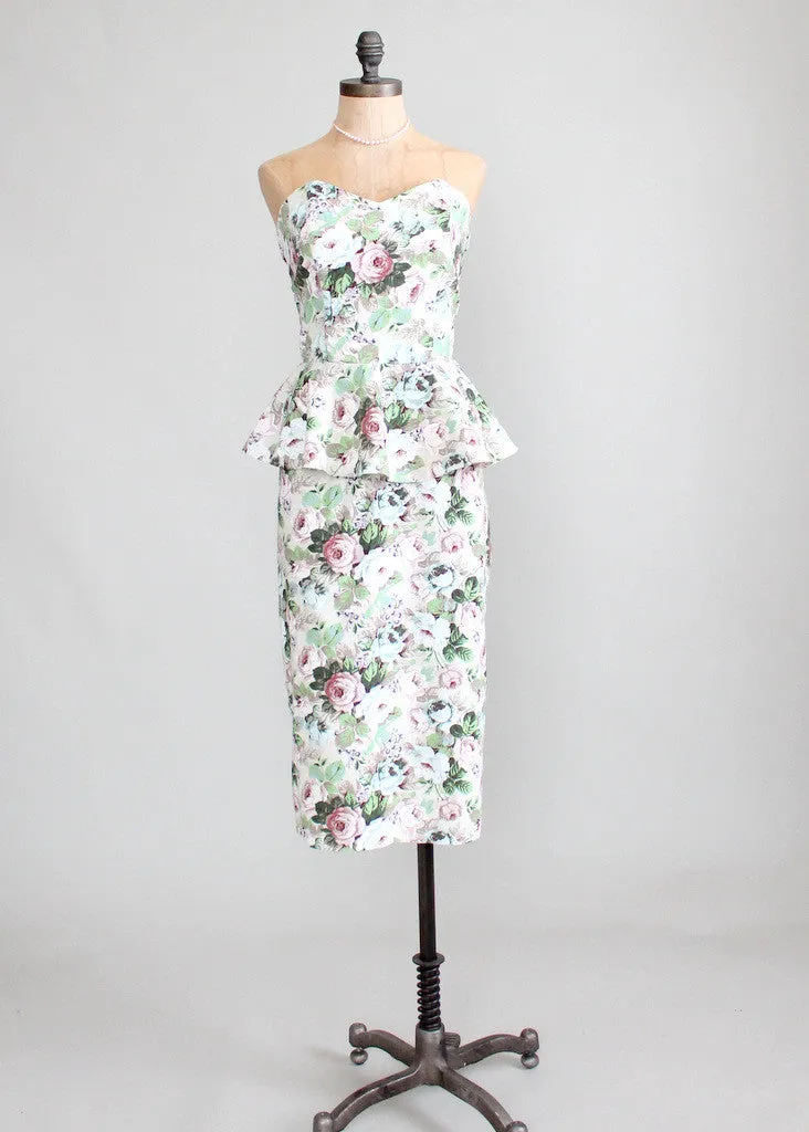 Vintage 1980s Floral Peplum Pin Up Style Dress