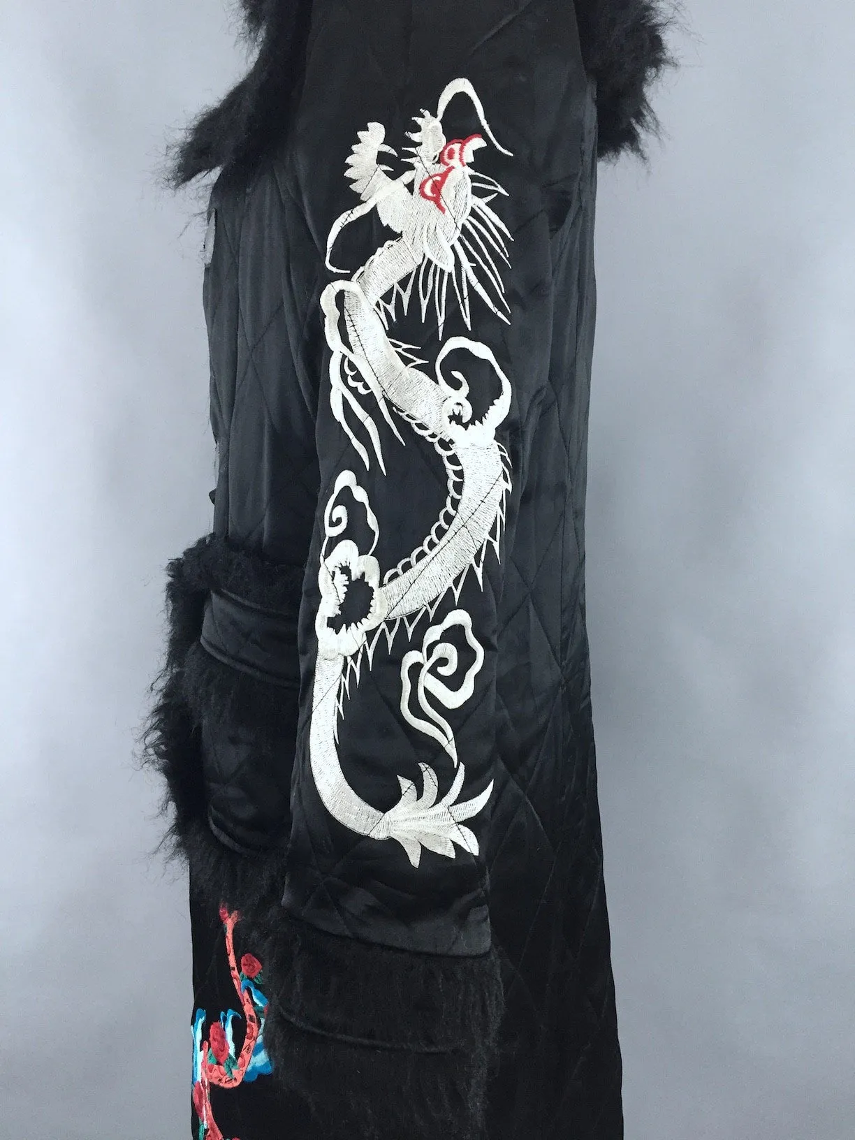 Vintage Black Satin Quilted Coat / Embroidered Dragons