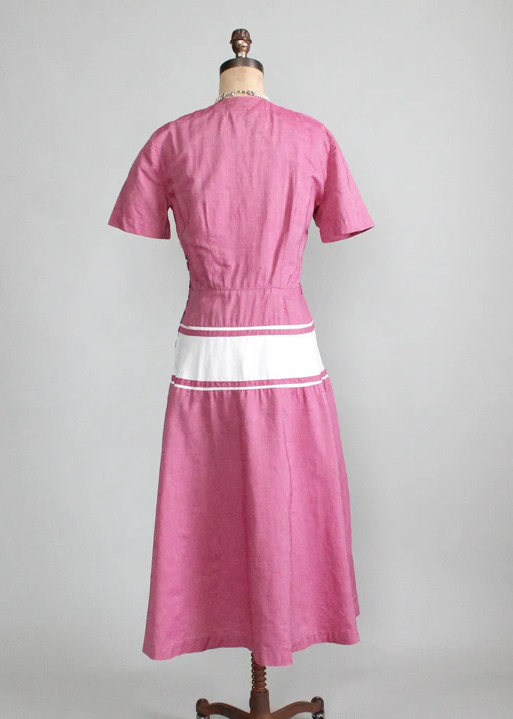 Vintage Late 1940s Raspberry Cream Cotton Day Dress