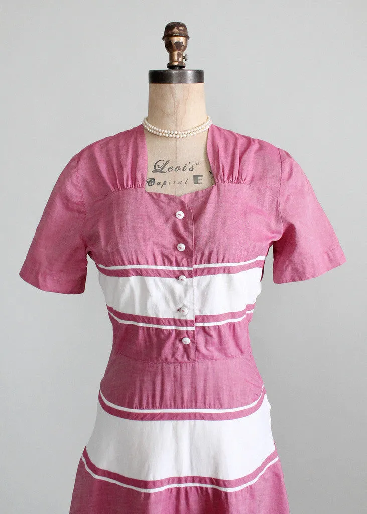 Vintage Late 1940s Raspberry Cream Cotton Day Dress