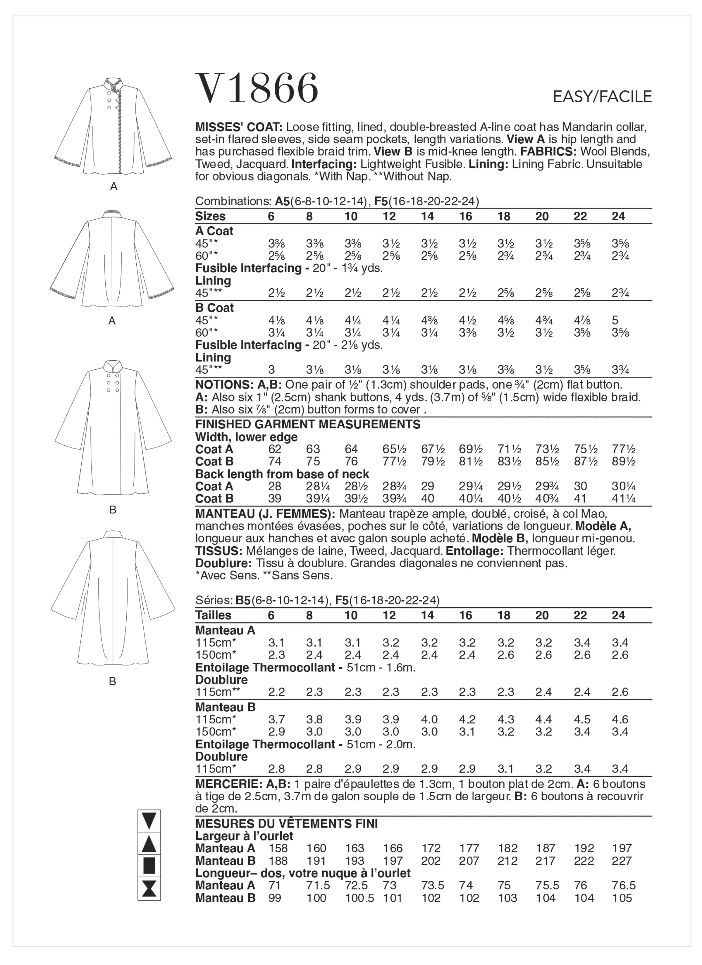 Vogue Sewing Pattern 1866 Misses' Coat