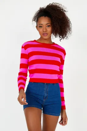 Women-s Fusya Red Striped Crew Neck Crop Knitwear Knitted Blouse Sweater