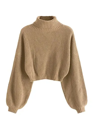 ZAFUL Women's Cropped Turtleneck Sweater Lantern Sleeve Ribbed Knit Pullover Sweater Jumper (2-Tan, M)