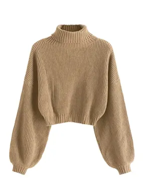 ZAFUL Women's Cropped Turtleneck Sweater Lantern Sleeve Ribbed Knit Pullover Sweater Jumper (2-Tan, M)