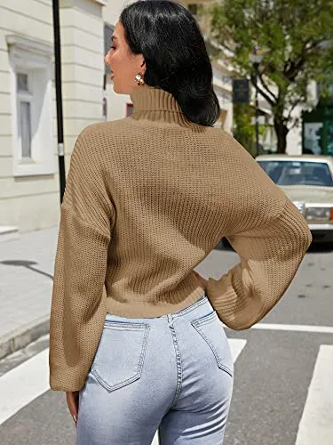 ZAFUL Women's Cropped Turtleneck Sweater Lantern Sleeve Ribbed Knit Pullover Sweater Jumper (2-Tan, M)